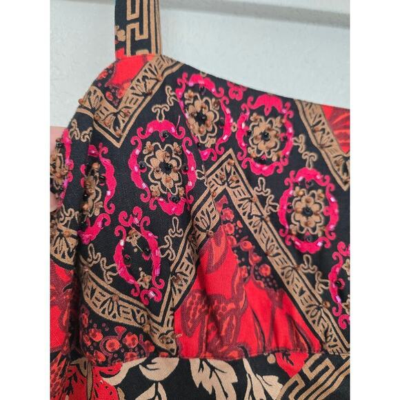 VTG  Eva Blue Plus Size 14 Y2K Babydoll Linen Blend Bodycon Maxi Dress Black Red - Picture 3 of 8